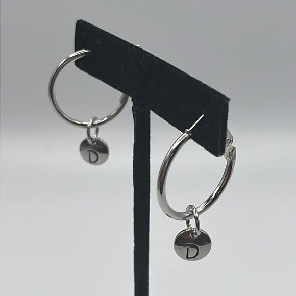 Choice of Silver-tone 1-in Hoops with Dangling Initial Charm (A-Z) - Picture 1 of 11
